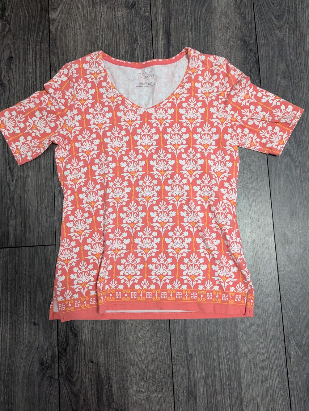 Talbots Coral and White Floral V-Neck Short Sleeve Tee